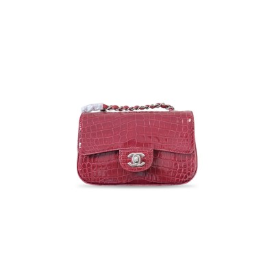 CHANEL MASTER RED SHINY ALLIGATOR CLASSIC MINI FLAP BAG FEATURING SILVER-TONE HARDWARE (20*12*6cm) 
